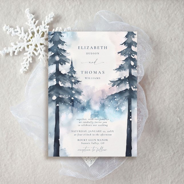Convites Montanhas de Inverno Árvores de Pinheiro Elegante  (winter wedding invitations rustic elegant chic mountains smoky blue silver snow pine trees forest)