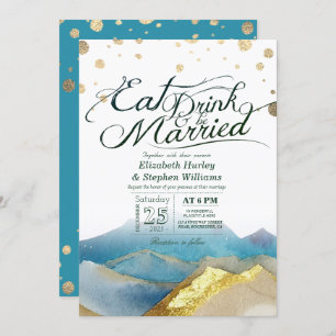 Convites Montanhas Douradas Azuis Comem Bebida E Casem-Se