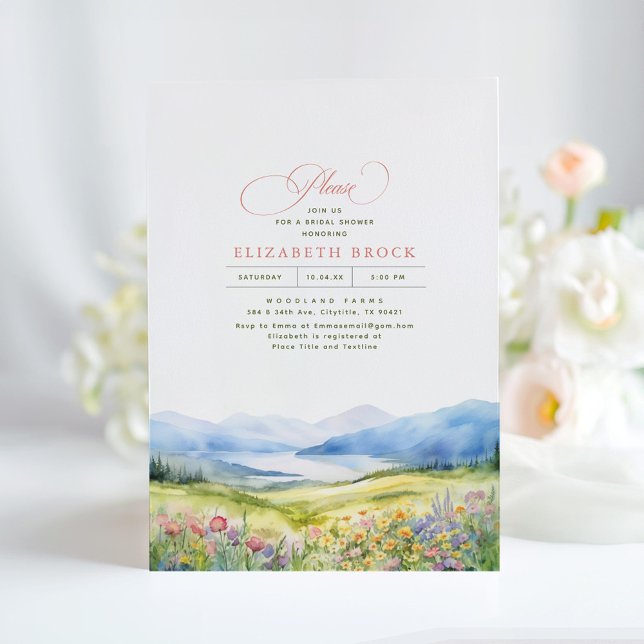 Convites Montanhas e Chá de panela Elegante de Flores Selva (Wildflowers and Mountains Horizons Bridal Shower Invitations)