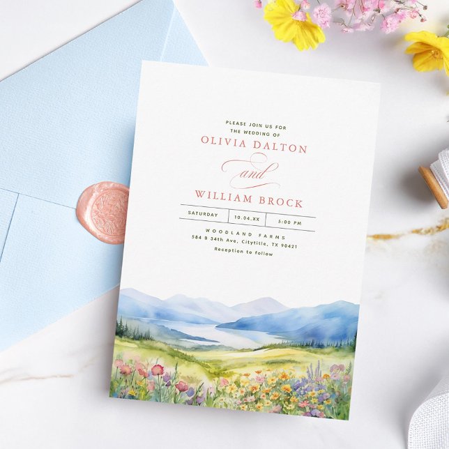 Convites Montanhas e flores selvagens Casamento paisagístic (Wildflowers Mountains Wedding Invitations)