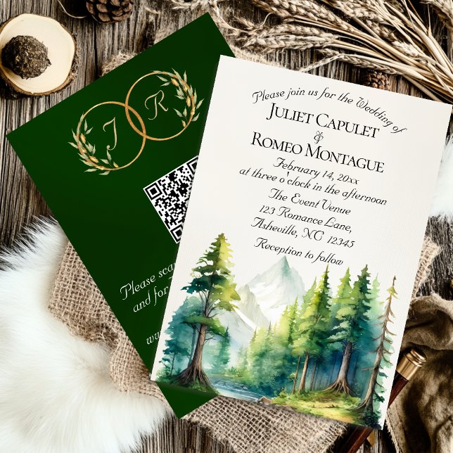 Convites Montanhas em Aquarela, Código QR & Monograma - Esm (Criador carregado)