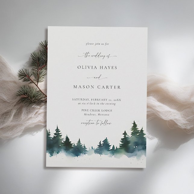 Convites Montanhas Floresta ao ar livre do Moderno Russo (mountains wedding invitation rustic outdoors forest pine scene watercolor elegant winter)