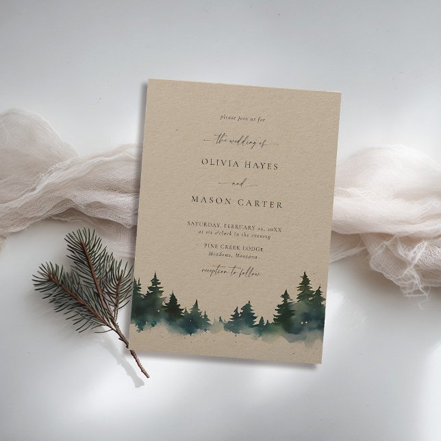 Convites Montanhas Forest Outdoor Rustic Kraft Casamento (mountains wedding invitation rustic outdoors forest pine scene watercolor elegant winter kraft)