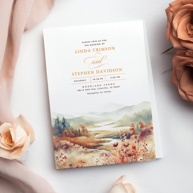 Convites Montanhas Nature Fall Landscape Weding (Fall Mountains Nature Wedding Invitations in Terracotta Hues)