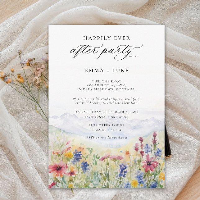 Convites Montanhas Prado Flores Silvestres Casamento Após F (elopement after party invitation happily ever mountain wildflowers meadow watercolor modern)