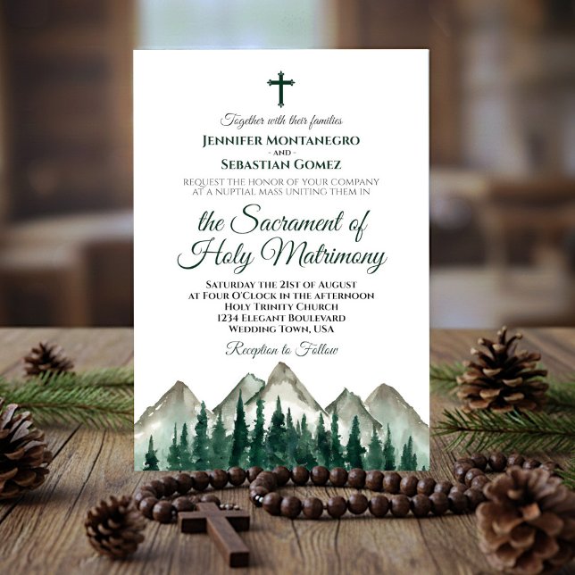 Convites Montanhas Russas e Casamento Católico Moderno Pine (Criador carregado)