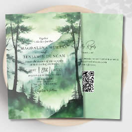 Convites Montanhas Rustic Misty Pine Trees Código QR Casame
