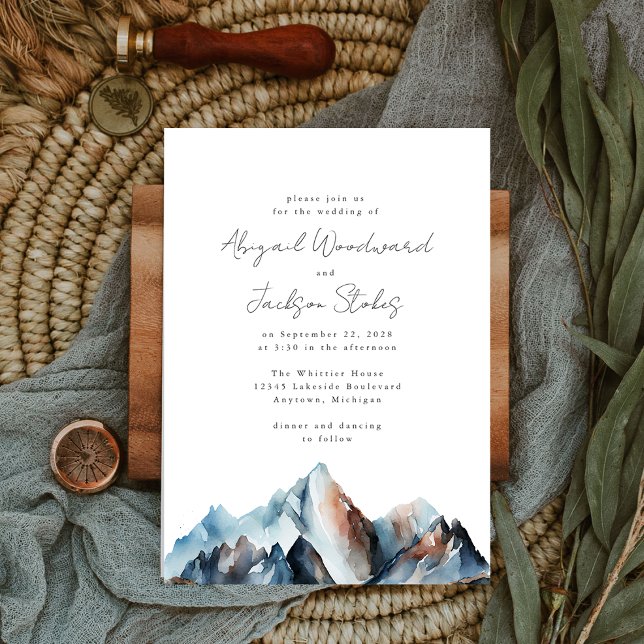 Convites Montanhas Rústicas Aquarela Azul Cinza Ferrugem Ca (The perfect invitation choice for a rustic mountain wedding.)