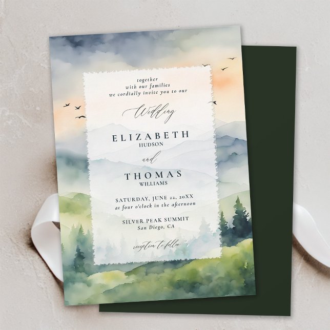 Convites Montanhas Sunrise do Sonho Casamento (mountains wedding invitation romantic sunrise rustic outdoors forest pine birds landscape watercolor)