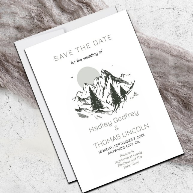 Convites Montanhas Verde Sage Salvem a Data (Simple Sage Green and White Save the Date #savethedate #classysummerwatercolor #rustic #nature)