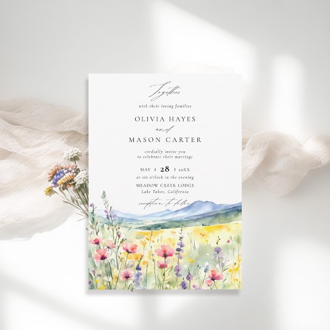 Convites Montanhas Woods Rustic Meadow Selvagens Casamento (mountains wedding invitation wildflowers outdoors woodland rustic elegant modern classic)