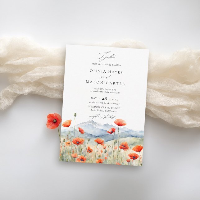 Convites Montanhas Woods Rustic Poppy Flores Selvagens Casa (mountains wedding invitation wildflowers poppies meadow outdoors woodland rustic elegant modern chic)