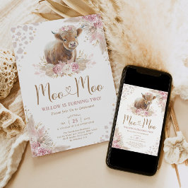 Convites Moo Boho Pampas Rosa Highland Cow segundo aniversá