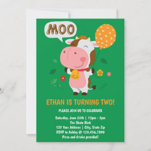 Convites Moo Moo Estou Com Dois Aniversário da Vaca de 2 An