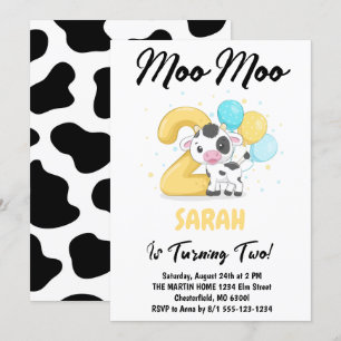 Convites Moo Moo Eu Sou Duas Vacas Festa de 2 Anos de Idade