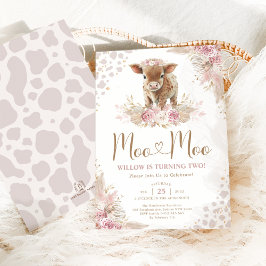 Convites Moo Moo Pink Boho Cow Pampas segundo aniversário G