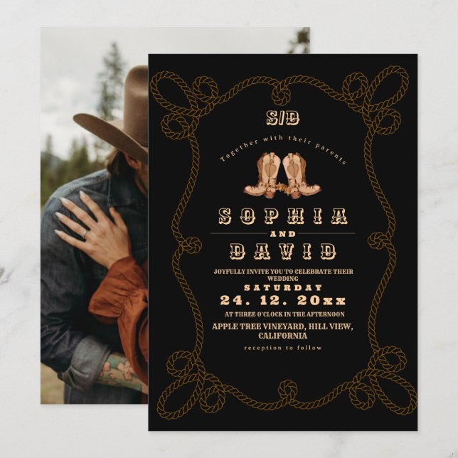 Convites Moody Black Rustic Western Wedding  (Frente/Verso)