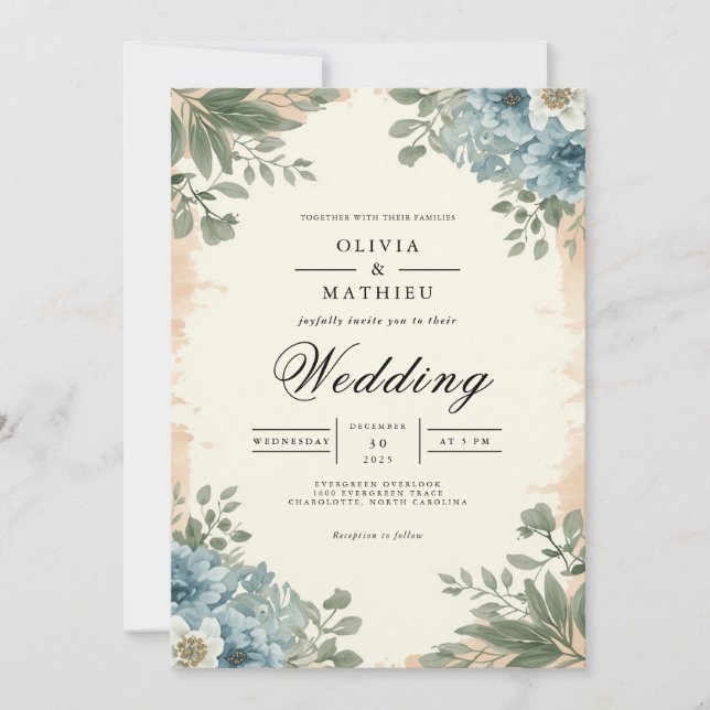 Convites Moody Blue Botanical Romance Wedding (Frente)