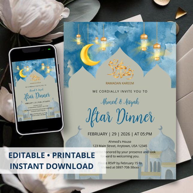 Convites Moody Blue Watercolor Mosque Iftar Dinner (Criador carregado)