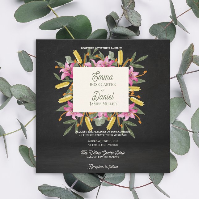 Convites Moody Blush Lily Elegant Romantic Black Wedding (Moody Blush Lily Black Wedding Invitation | Elegant Dark Floral Botanical Evening Wedding Invite)