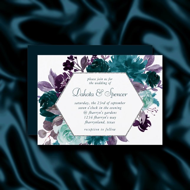 Convites Moody Boho | Casamento Floral Teal Turquoise Dark (Criador carregado)