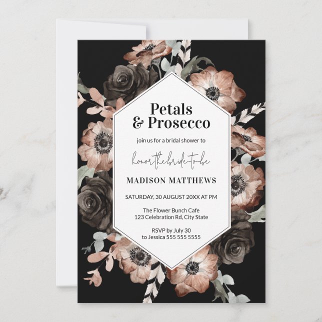 Convites Moody Boho Petals & Chá de panela Preto Prosecco (Frente)