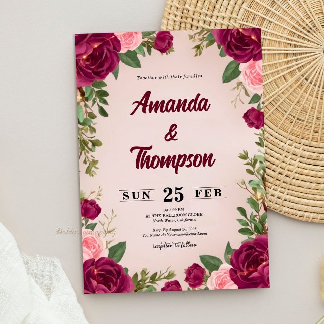 Convites Moody Burgundy and Blush Floral Wedding (Moody Burgundy and Blush Floral Wedding Invitation)