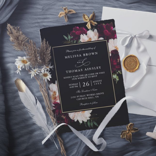 Convites Moody Burgundy Blush Floral QR Code Wedding (Criador carregado)