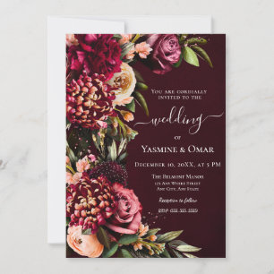 Convites Moody Burgundy Elegant Floral com código QR Weddin