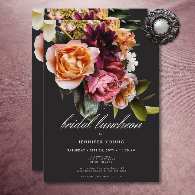 Convites Moody Burgundy Elegante e Almoço Floral Rosa (Elegant Moody Burgundy & Pink Floral Bridal Lunch Invitation)