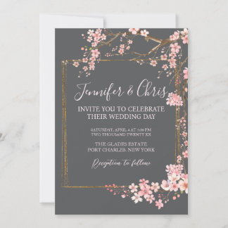 Convites Moody Charcoal and Pink Cherry Blossom Wedding