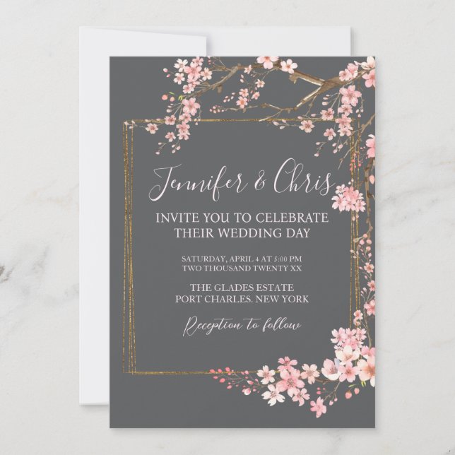 Convites Moody Charcoal and Pink Cherry Blossom Wedding (Frente)