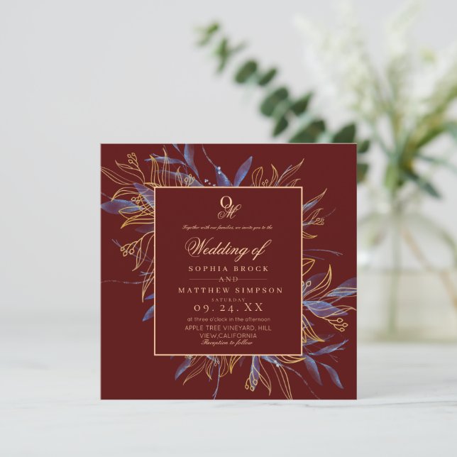 Convites Moody Dark Burgundy Floral Wedding (Em pé/Frente)