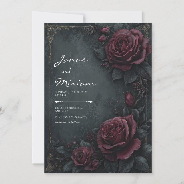 Convites Moody Dark Charcoal Burgundy Rose Floral Wedding (Frente)