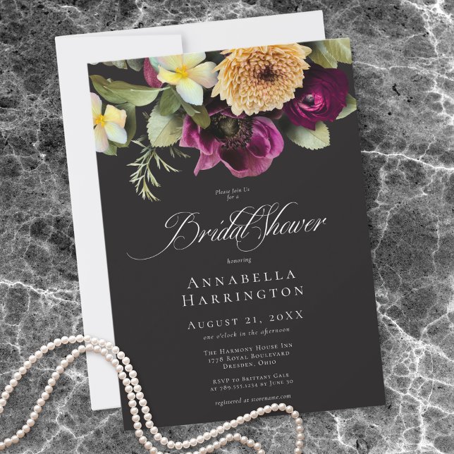 Convites Moody Dark Floral Black Burgundy Bridal Shower (Moody Dark Floral Black Burgundy Bridal Shower Invitation)