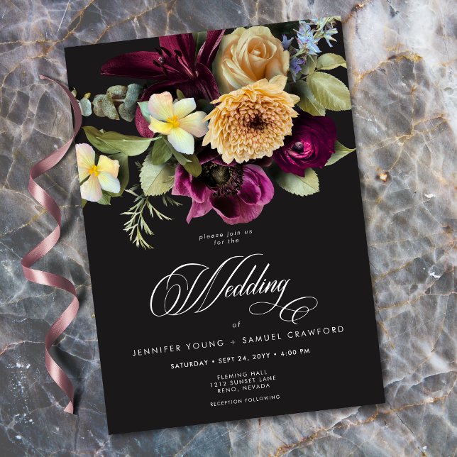 Convites Moody Dark Floral Black Burgundy Romantic Wedding (Moody Dark Floral Black Burgundy Romantic Wedding Invitation)
