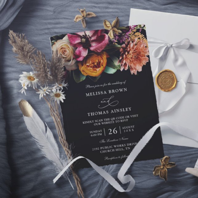 Convites Moody Elegant Floral Dark Budget QR Code Wedding (Criador carregado)
