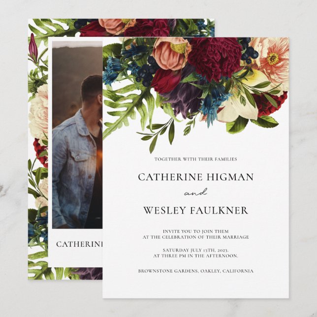 Convites Moody Floral Photo Burgundy Wedding (Frente/Verso)