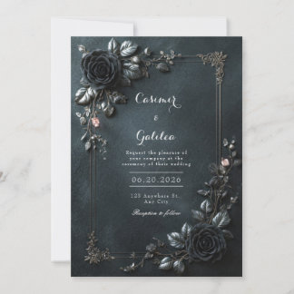 Convites Moody Gothic Black Rose Floral Frame Wedding