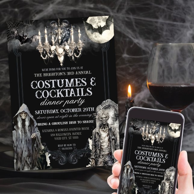 Convites Moody Gothic Halloween Festa de Cocktail (Moody Gothic Costumes and Cocktails Halloween Party Invitations for Adults)