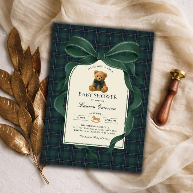 Convites Moody Green Plaid Polo Teddy Bear Boy Baby Shower (Criador carregado)