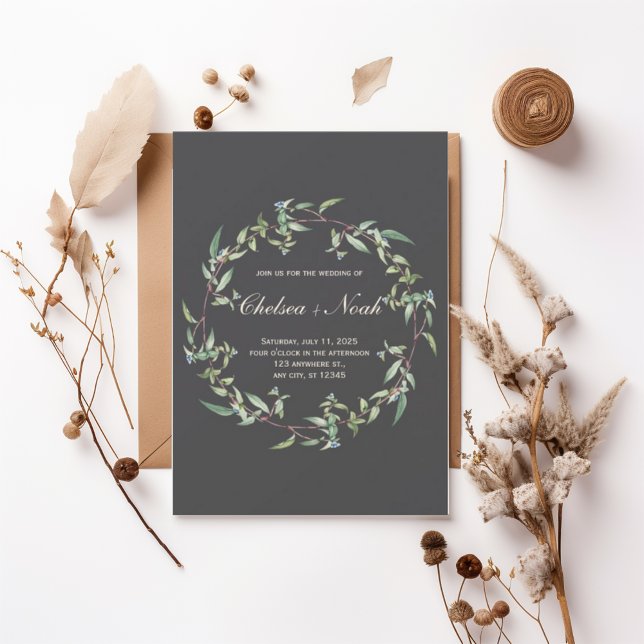 Convites Moody Greenery Wreath Wedding Invitation (Criador carregado)