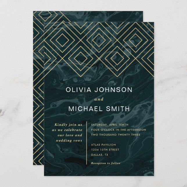 Convites Moody Hues Turquoise Marble Invitation (Frente/Verso)