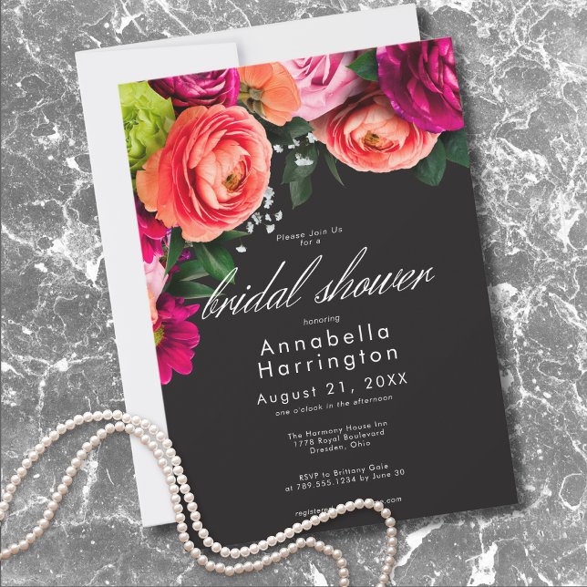 Convites Moody Luxe Floral Vibrant Pink Black Bridal Shower (Moody Luxe Floral Vibrant Pink Black Bridal Shower Invitation)