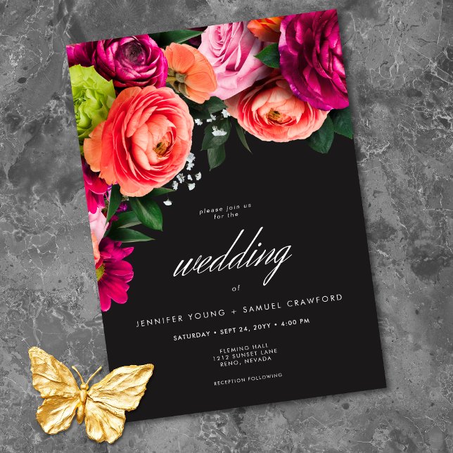 Convites Moody Luxe Floral Vibrant Pink Black Wedding (Moody Luxe Floral Vibrant Pink Black Wedding Invitation)