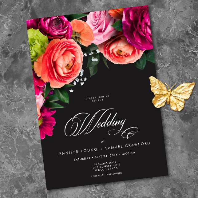 Convites Moody Luxe Floral Vibrant Pink Black Wedding (Moody Luxe Floral Vibrant Pink Black Wedding Invitation)