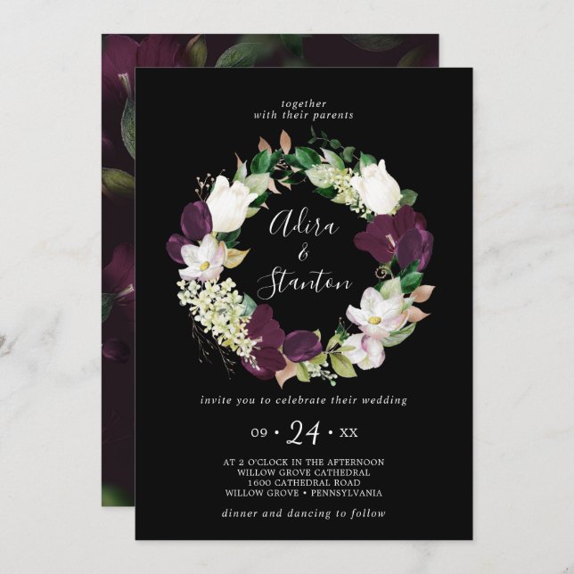 Convites Moody Purple Blooms | Casamento de terra preta (Frente/Verso)