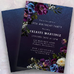 Convites Moody Purple Flowers - aniversário de 40 anos<br><div class="desc">Flores roxas profundas com pop de branco e azul criam uma modesta paleta de inverno. Eles estão aninhados em uma folhagem escura e preta. O fundo azul-escuro de aquarela lhe dá uma vibração gótica e enquadra perfeitamente as flores. Ele também torna o texto branco pop. Este convite para aniversário de...</div>