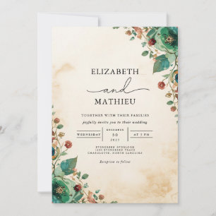 Convites Moody Teal Floral Botânica Romance Wedding