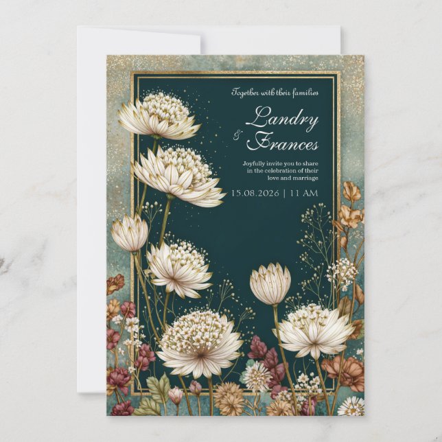 Convites Moody Teal Gilded Astrantia Wedding (Frente)